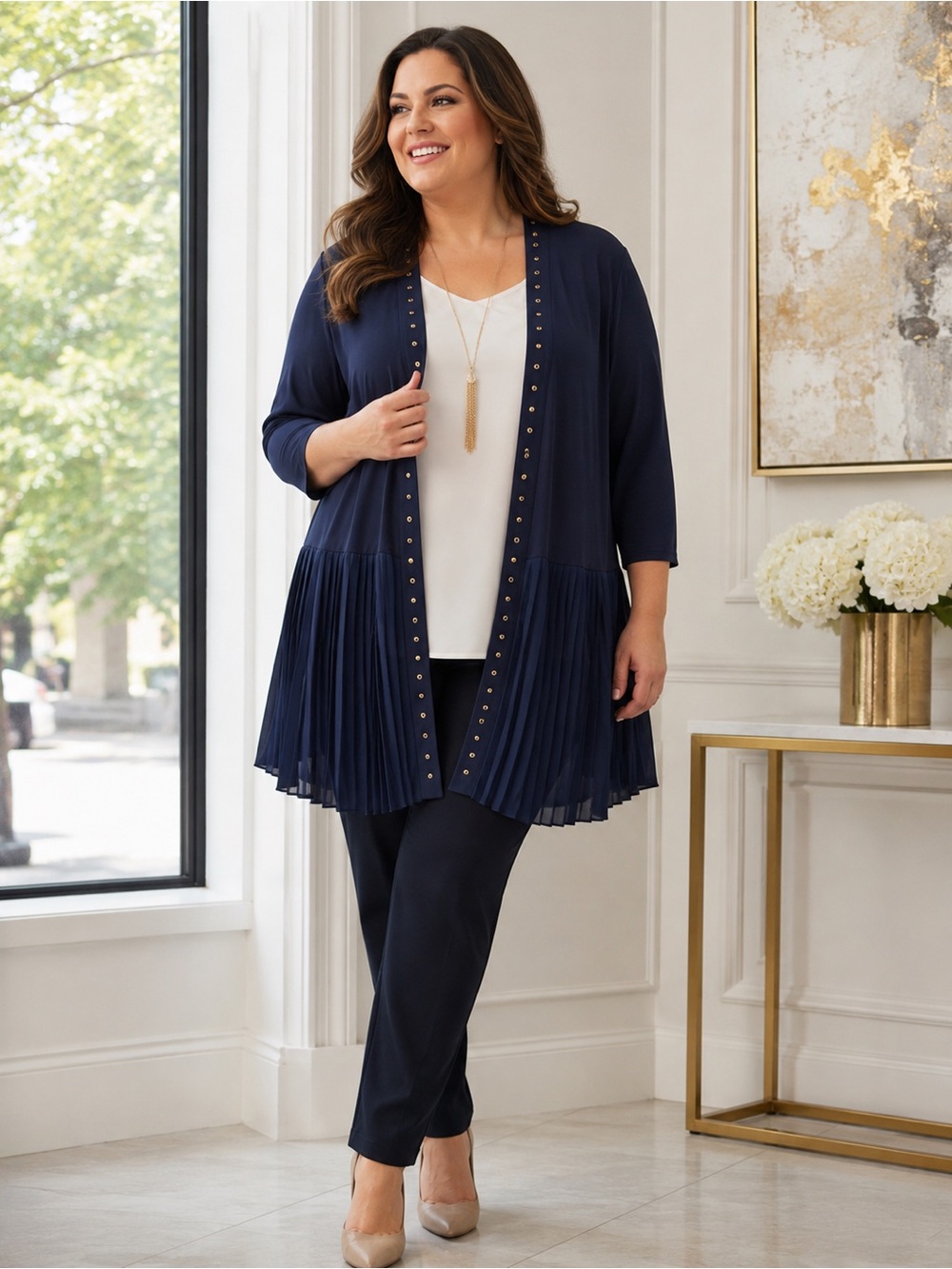 Catherines Black Label Navy Blue Pleated Open Front Cardigan 3X 26/28W Plus
